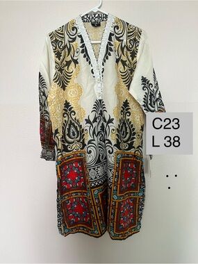 Lina Printed Long Sleeve Dress Tunic - Ivory with Black, Gold & Red